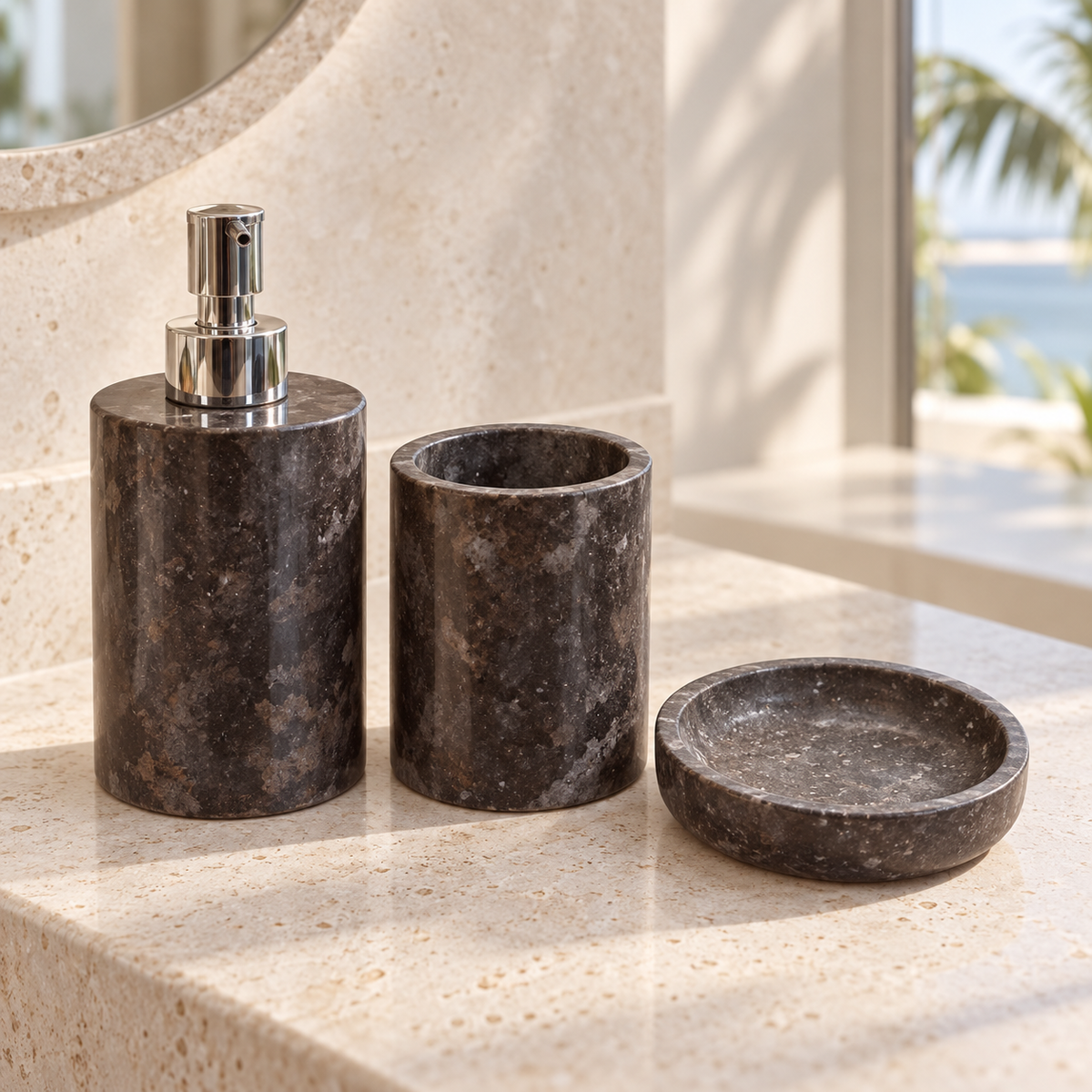 Dark natural stone bathroom accessories set in a coastal bathroom