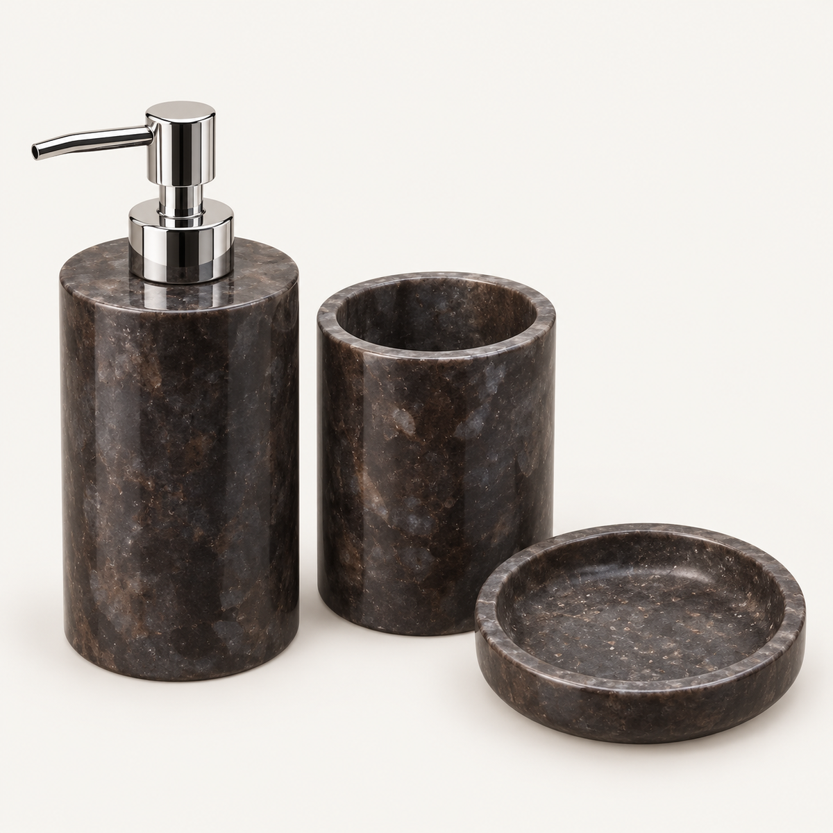 Dark natural stone bathroom accessories set, catalog view