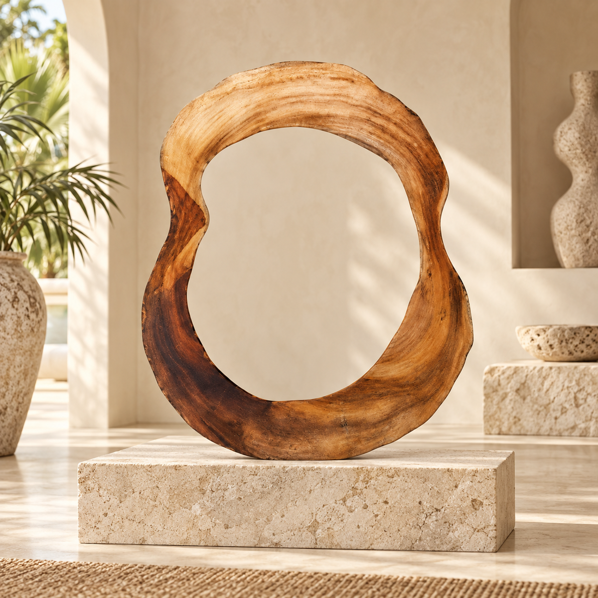 Organic Teak Mirror Frame styled in a warm neutral interior