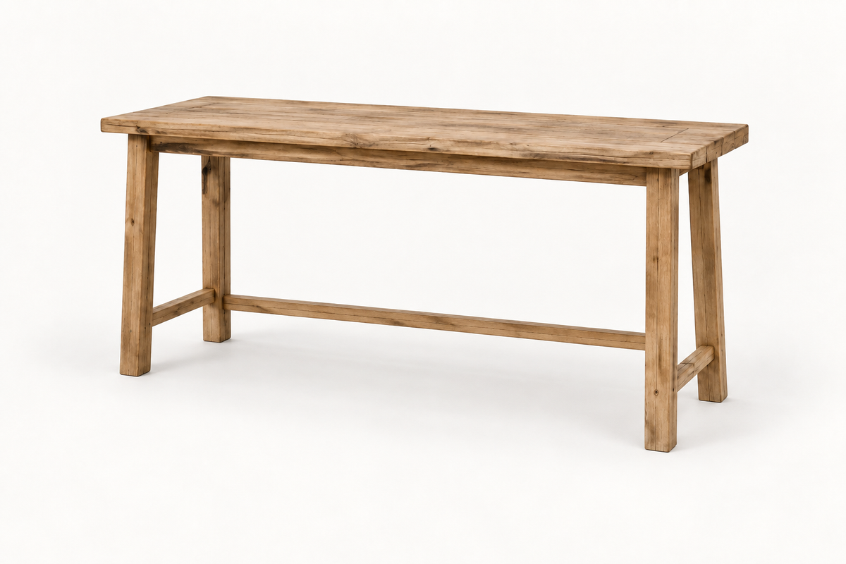 Recycled teak bar-height table included in the Outdoor Bar Table Set, three-quarter view