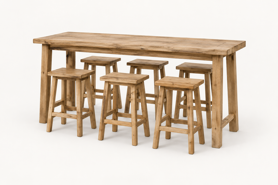 Outdoor Bar Table Set with six matching recycled teak stools, clean catalog view