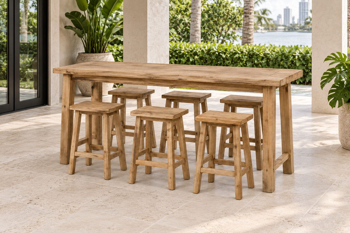 Outdoor Bar Table Set with six matching recycled teak stools on a shaded Miami terrace