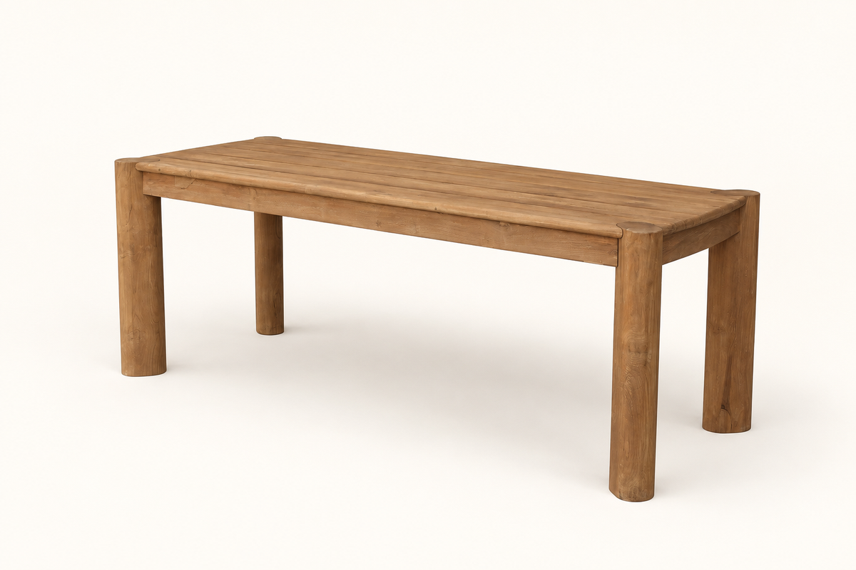 Outdoor Dining Table in recycled teak, clean three-quarter catalog view