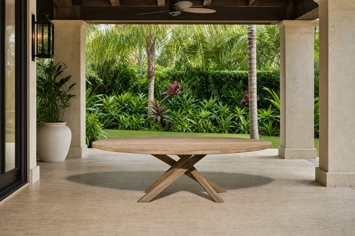 Oval Cross-Leg Dining Table on a shaded luxury Miami terrace