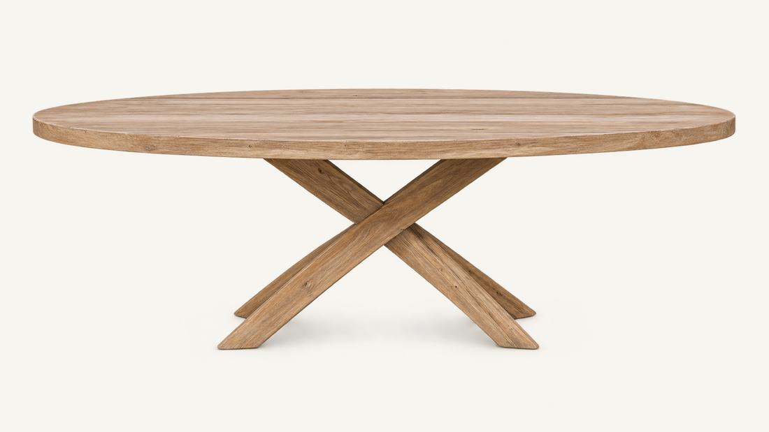 Oval Cross-Leg Dining Table in recycled teak, clean front catalog view
