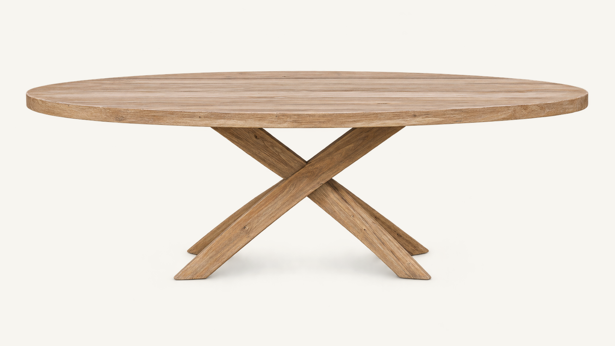 Oval Cross-Leg Dining Table in recycled teak, clean front catalog view