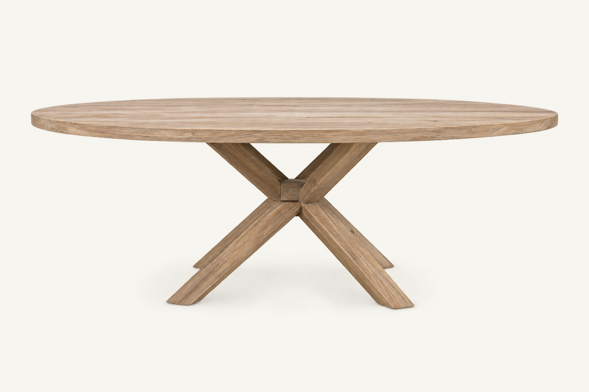 Oval Cross-Leg Dining Table in recycled teak, clean side catalog view
