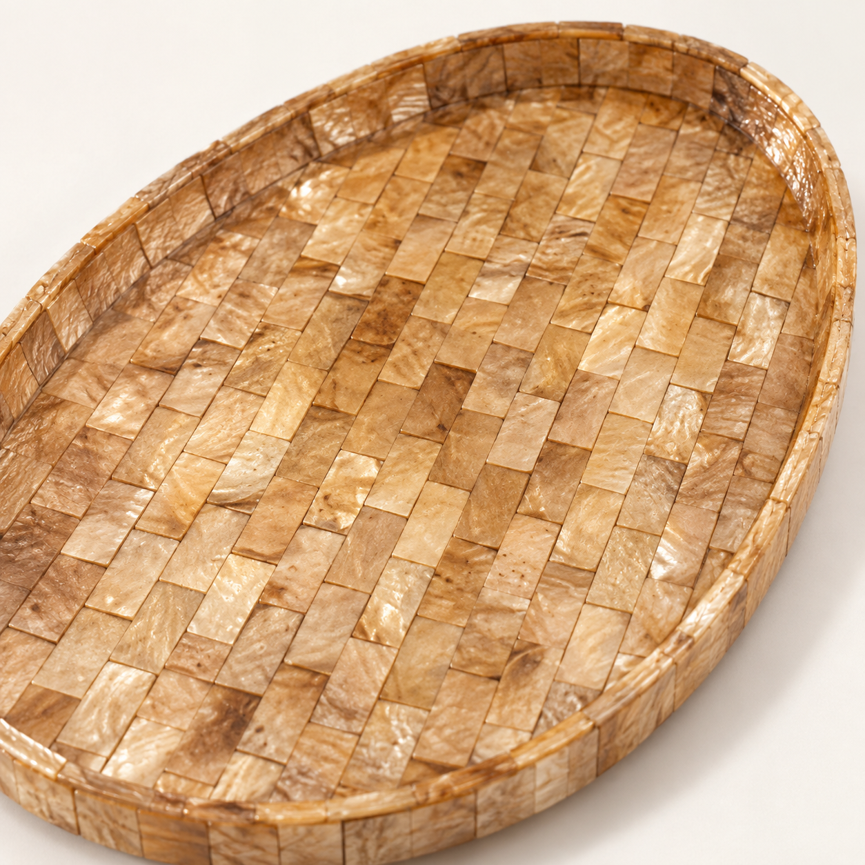 Natural Brown Mosaic oval shell decorative tray, shell detail