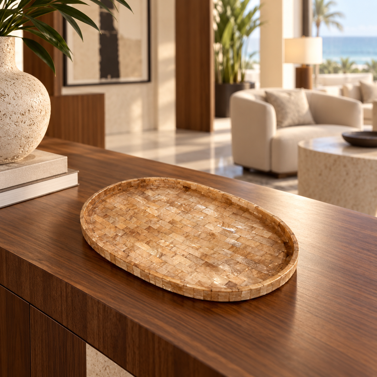 Natural Brown Mosaic oval shell decorative tray in a luxury Miami hotel lounge