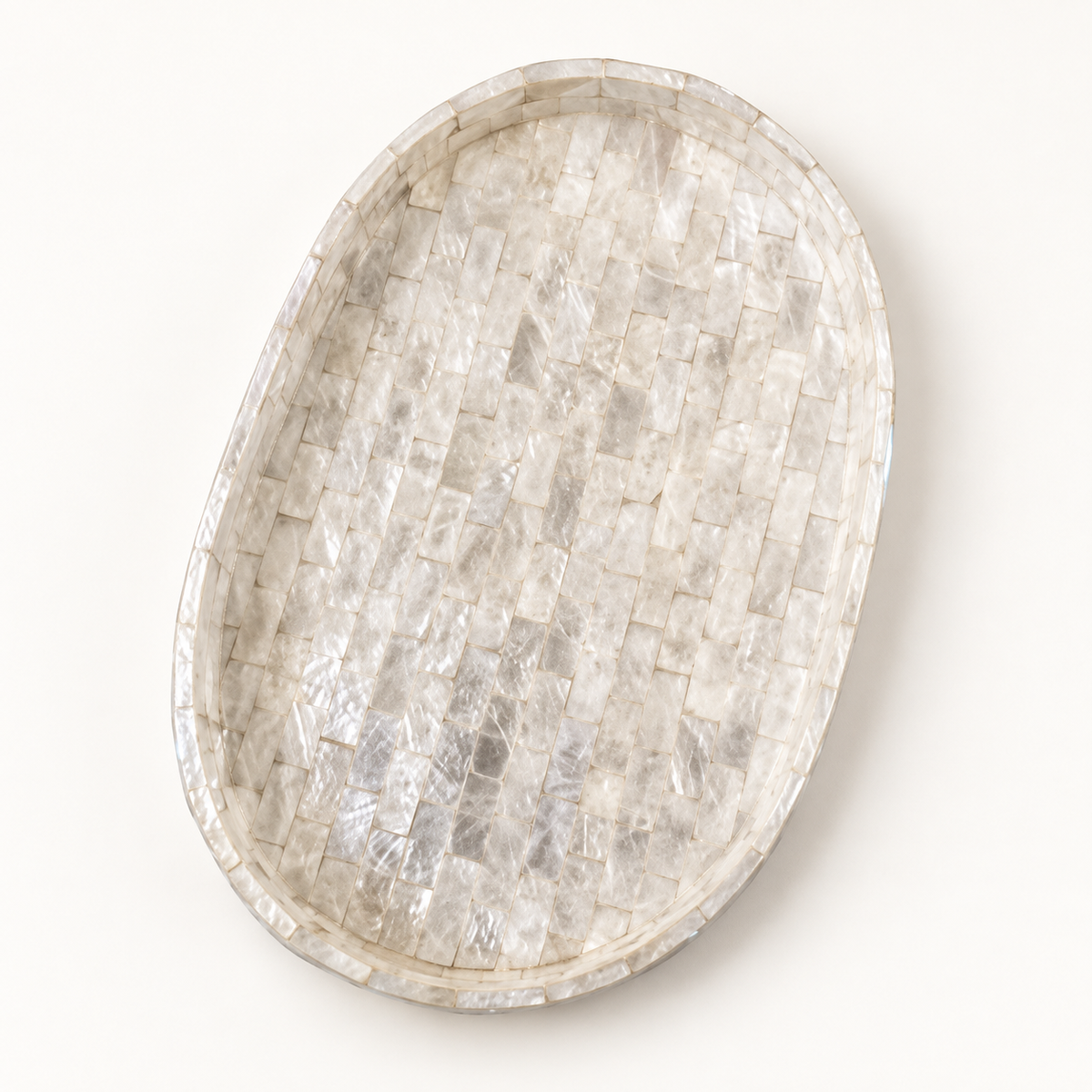 White Mosaic oval shell decorative tray, catalog angle