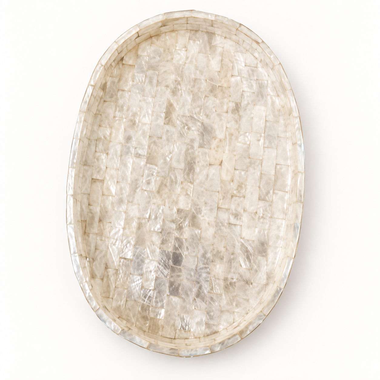 White Mosaic oval shell decorative tray, top catalog view