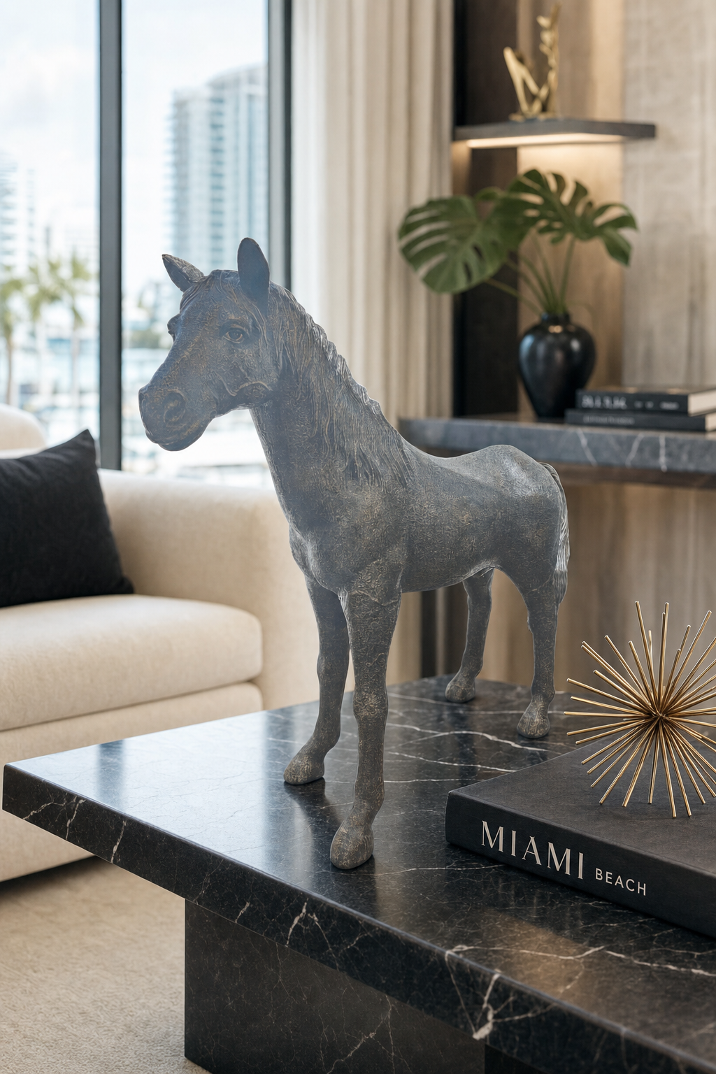 Palomino Tide Stallion styled in an interior