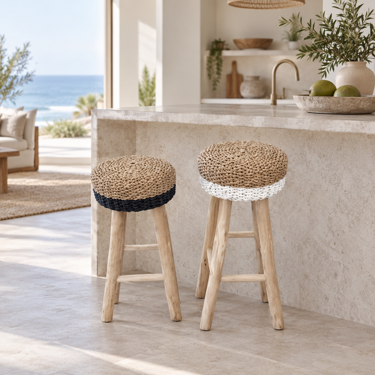 Pandanus rope stools in a coastal kitchen