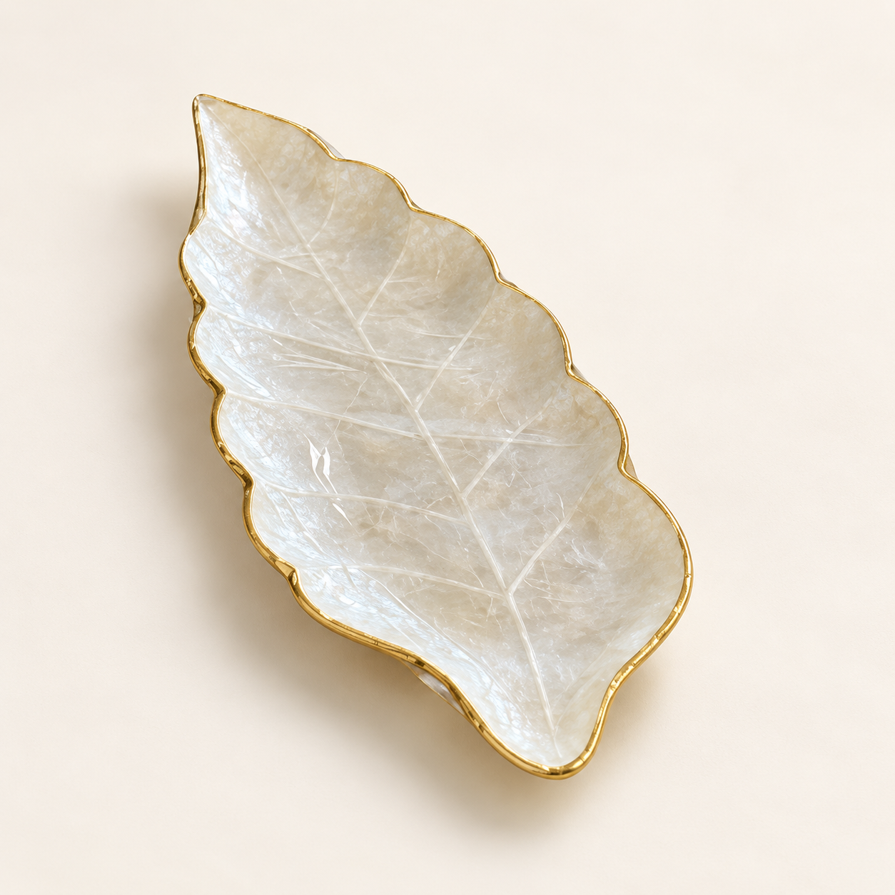 Pearlescent resin leaf decorative tray - angled view