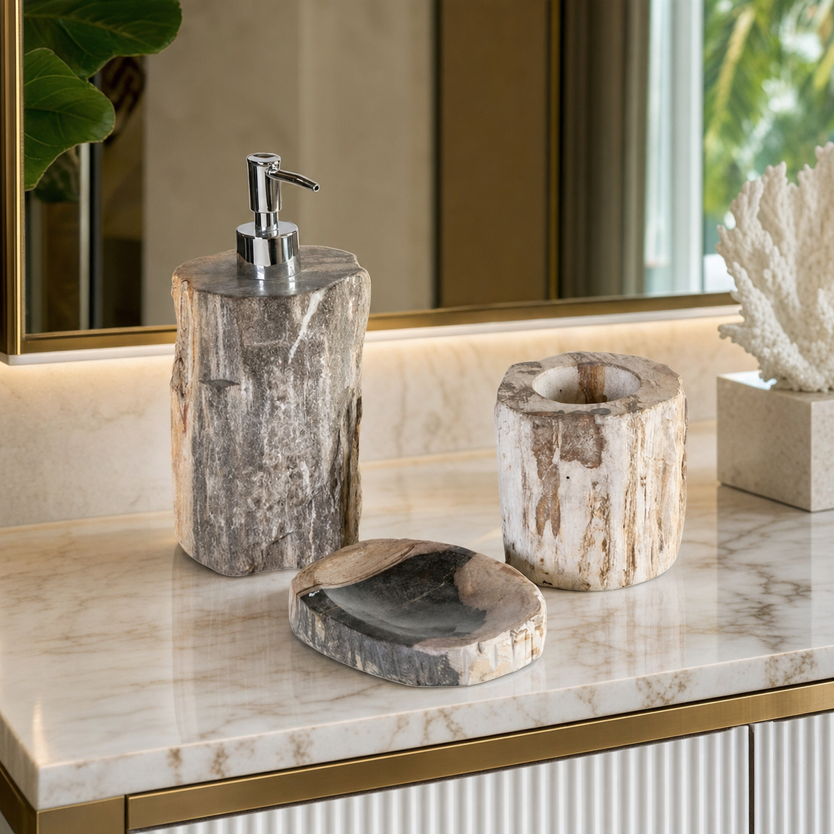 Petrified Wood Bathroom Accessories Set styled in an interior
