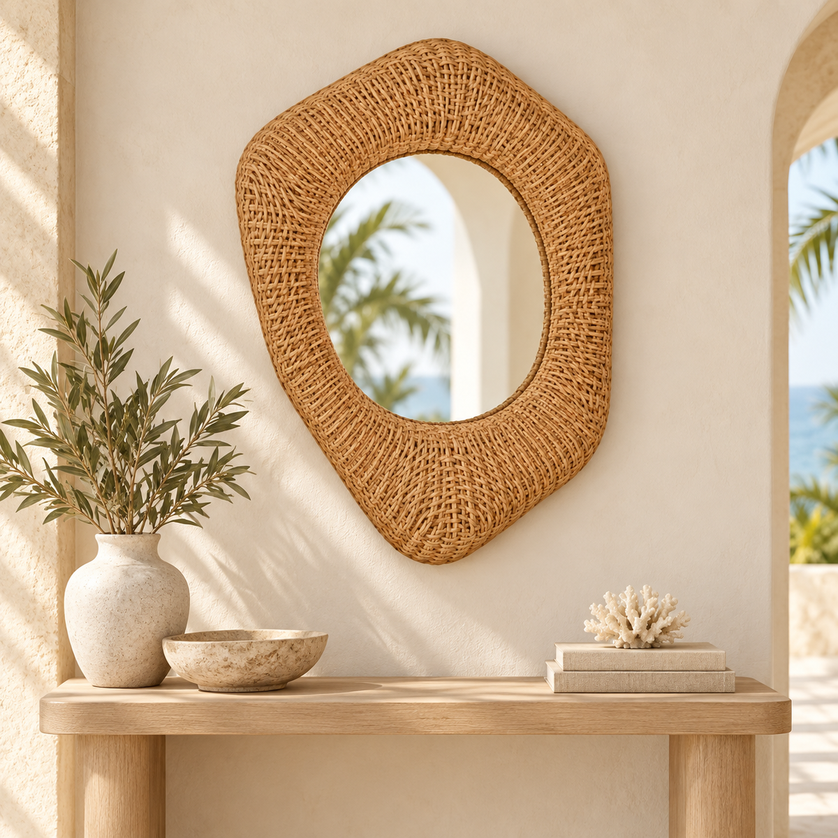 Organic Rattan Teardrop Mirror styled in a warm neutral interior