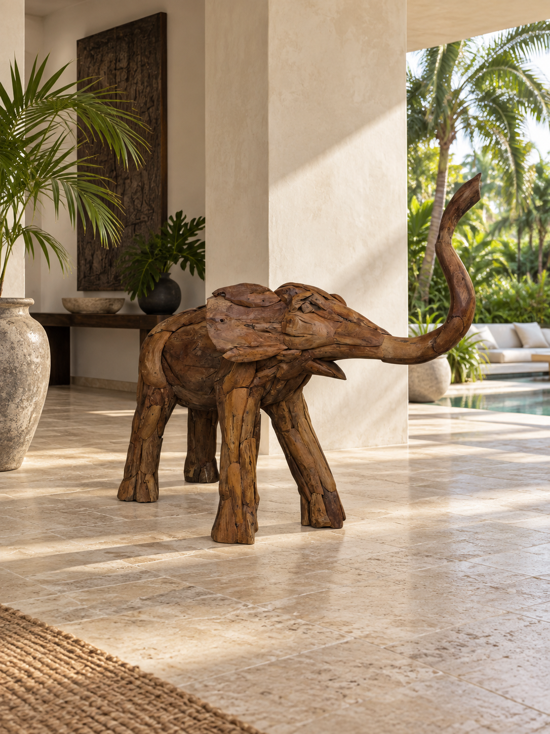 Reclaimed Teak Elephant Sculpture in a covered Miami villa