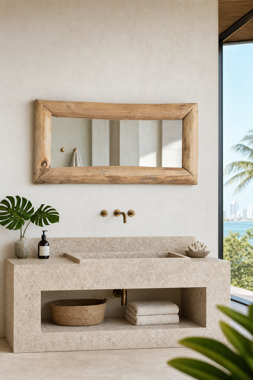 Reclaimed Teak Organic Mirror Frame, styled in a warm neutral interior