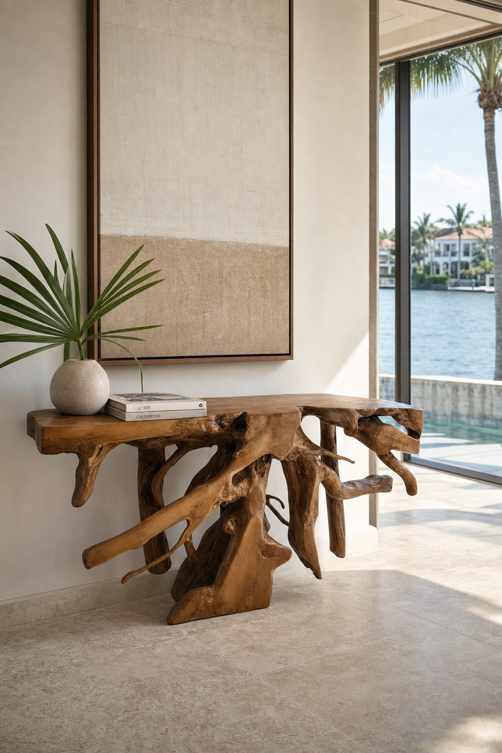 Reclaimed Teak Root Console styled in an interior