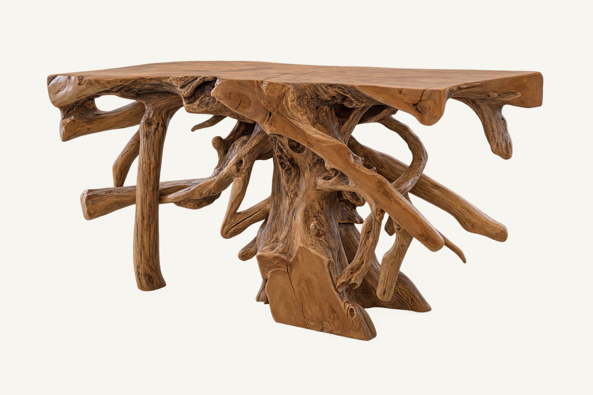 Reclaimed Teak Root Console: irregular wood top supported by exposed branching roots