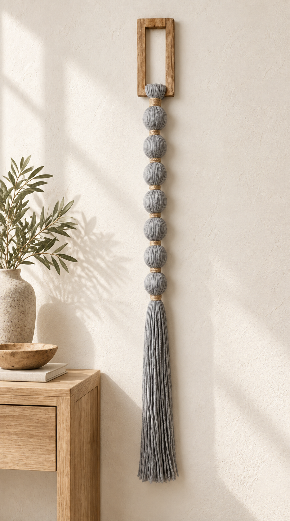 Rectangular Wood and Cotton Wall Hanging in a coastal interior
