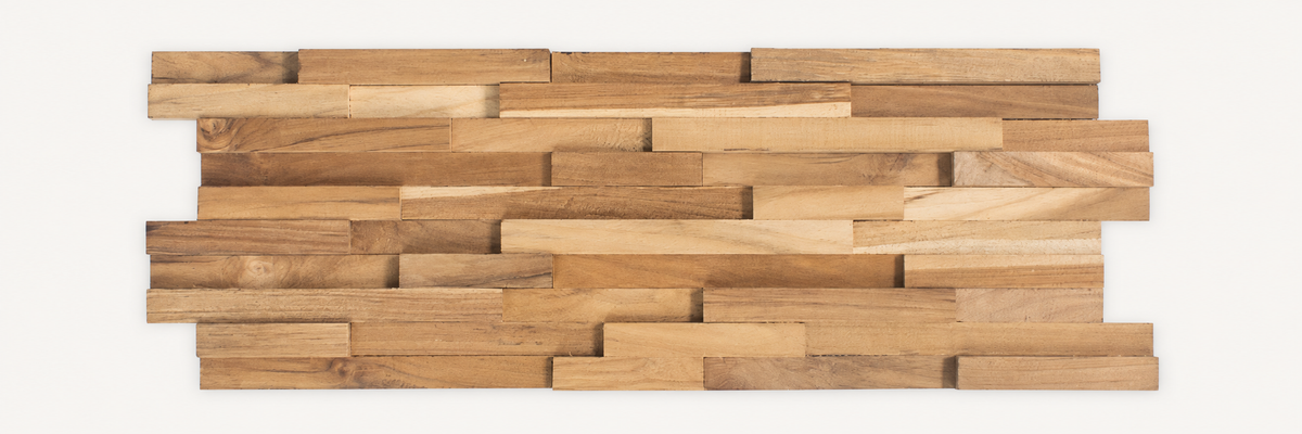 Custom Recycled Teak Wall Panel sample 2 on warm off-white background