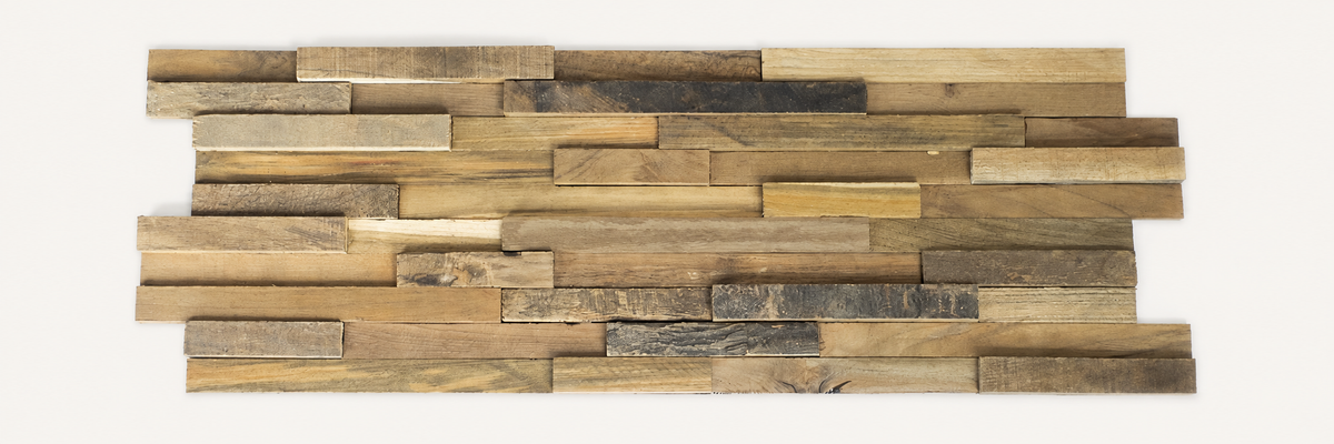 Custom Recycled Teak Wall Panel sample 3 on warm off-white background