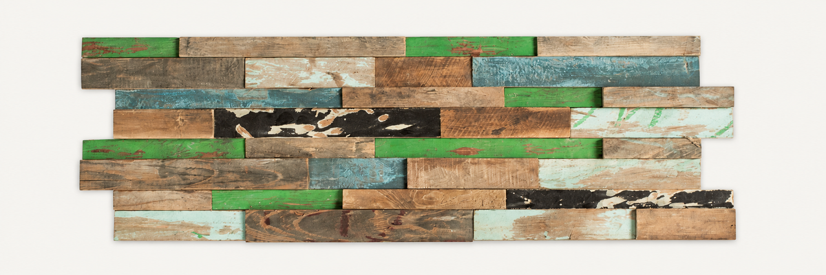 Custom Recycled Teak Wall Panel sample 4 on warm off-white background