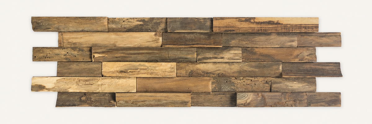 Custom Recycled Teak Wall Panel sample 5 on warm off-white background