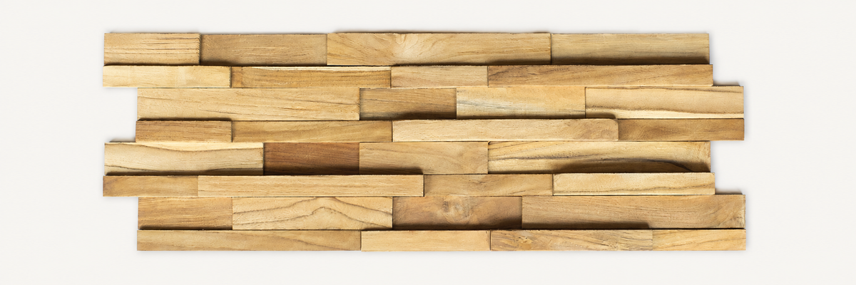Custom Recycled Teak Wall Panel sample 6 on warm off-white background