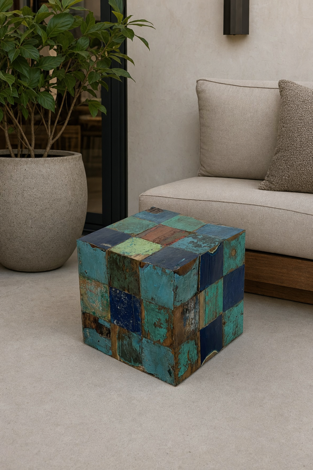 Recycled Wood Cube styled in an interior
