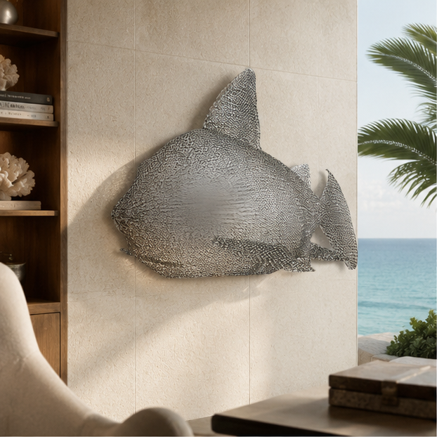 Reef Shark iron mesh decor in a refined Miami coastal study