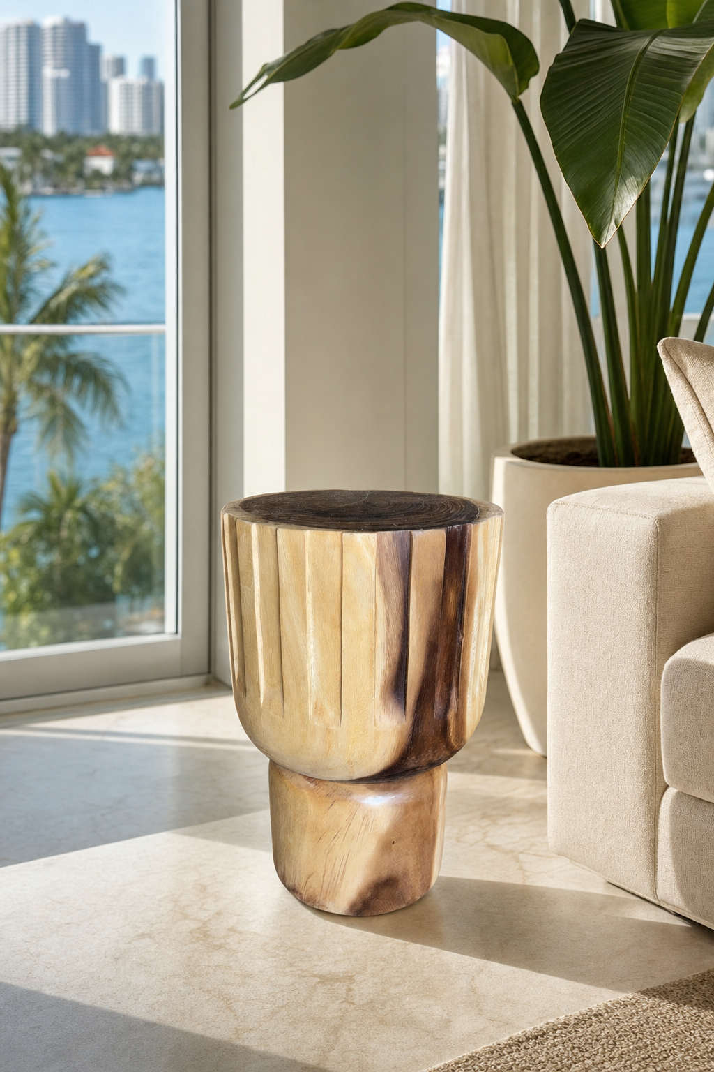 Ribbed Suar Pedestal styled in an interior