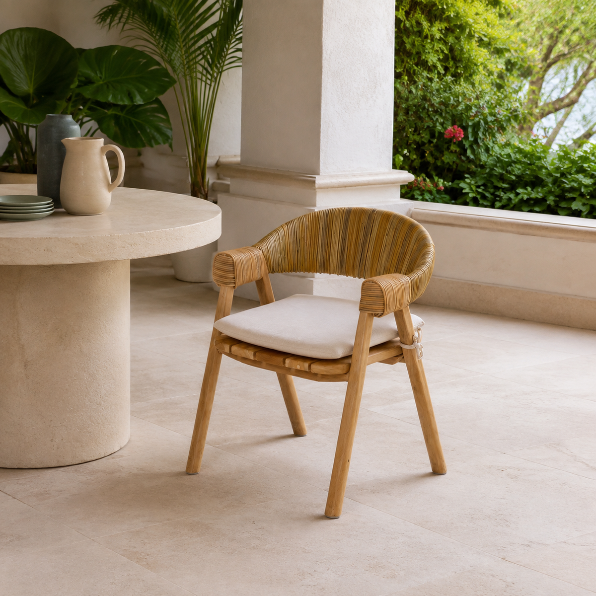Rihanna Dining Chair on a shaded luxury Miami veranda