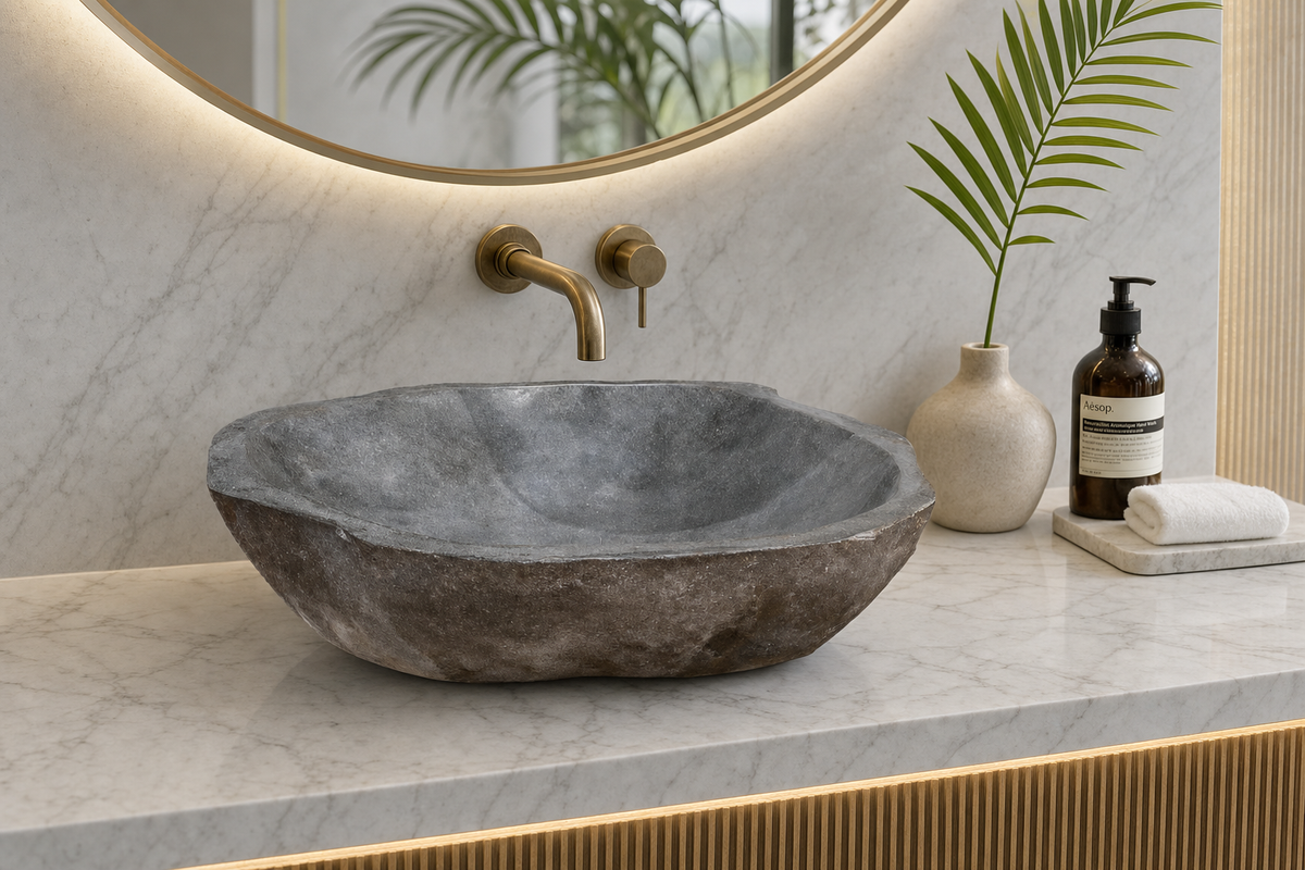 Riverstone Natural Sink styled in an interior