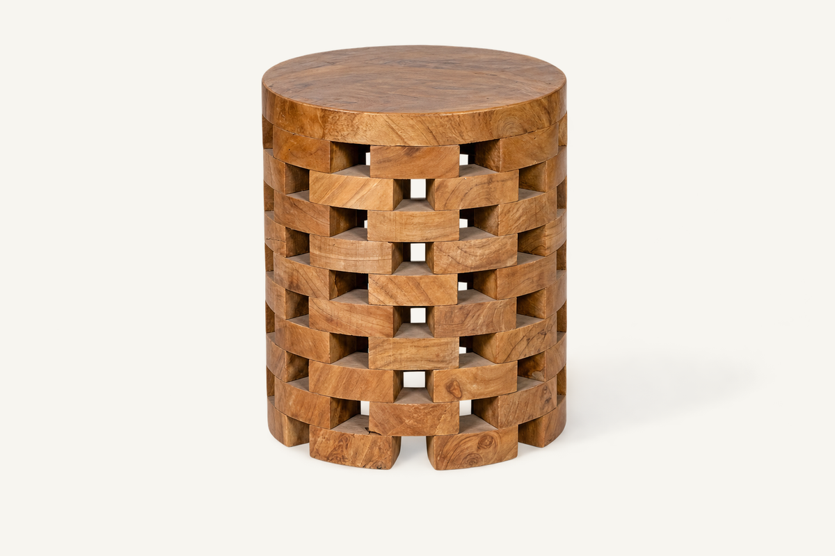 Round Buto Stool: round top and open basket-weave carved wood body
