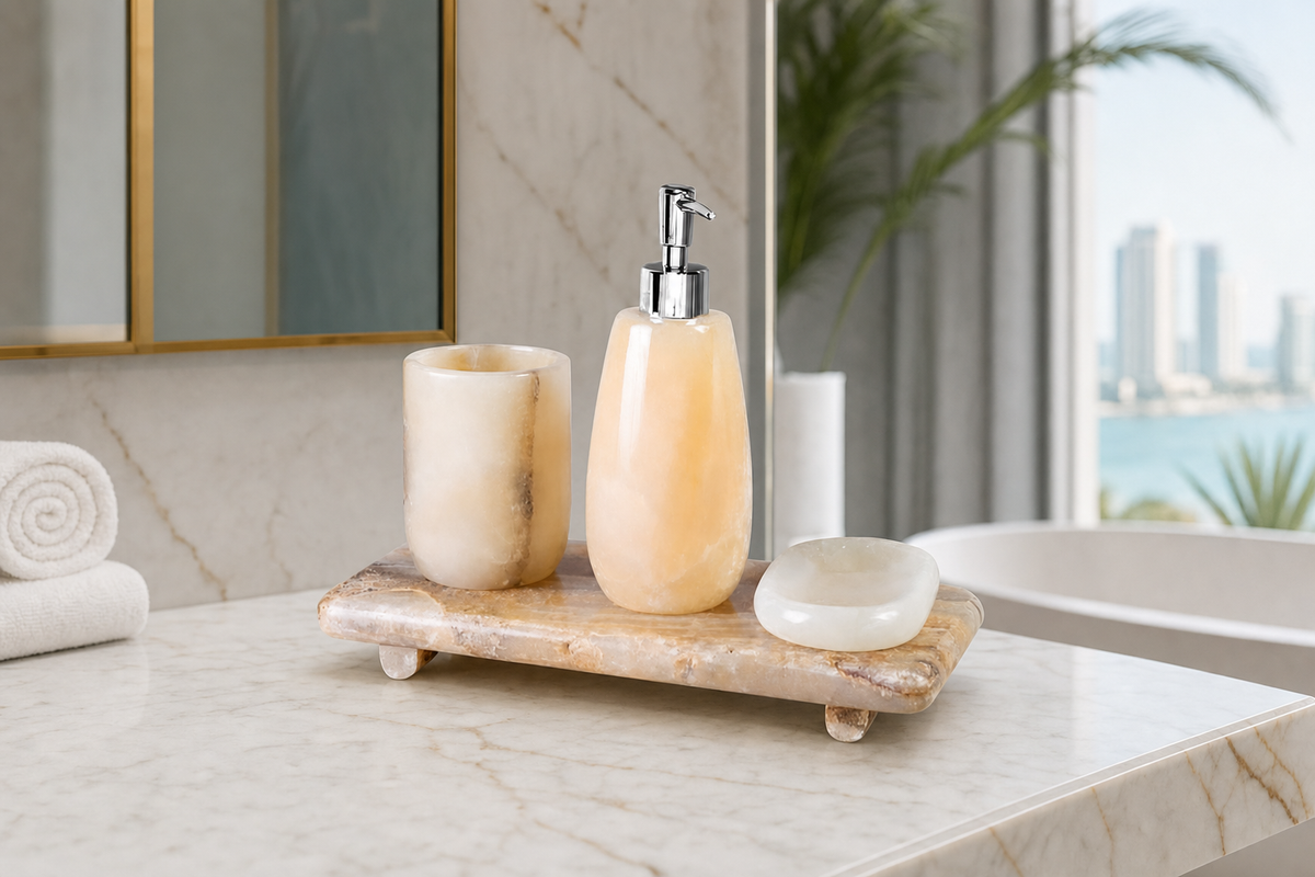 Round Natural Onyx Bathroom Accessories Set styled in an interior