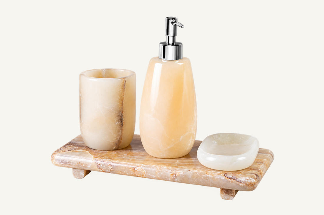 Round Natural Onyx Bathroom Accessories Set, front view