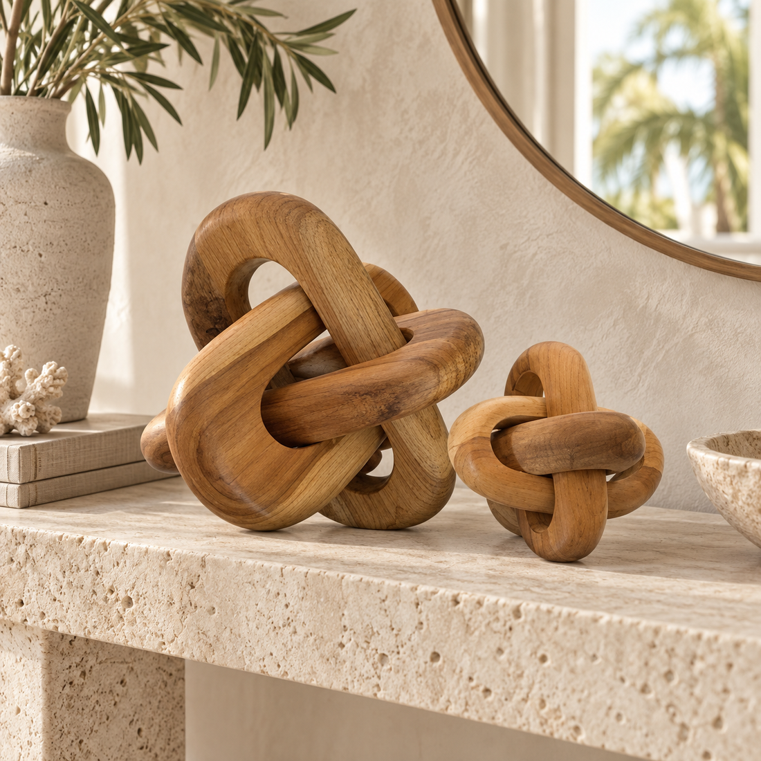 Round Teak Link Sculpture in two sizes, clean front view