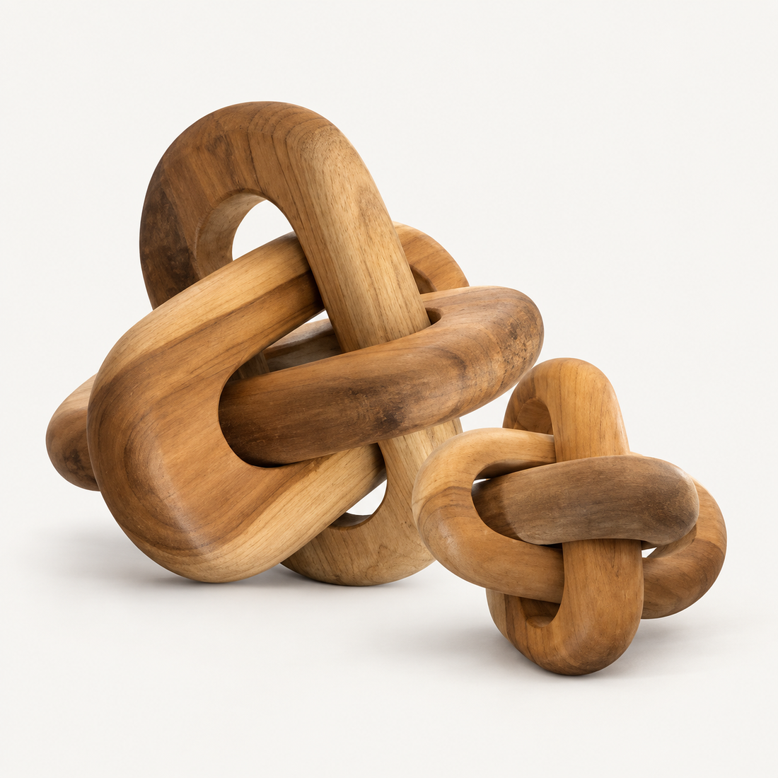 Round Teak Link Sculpture in two sizes, clean front view