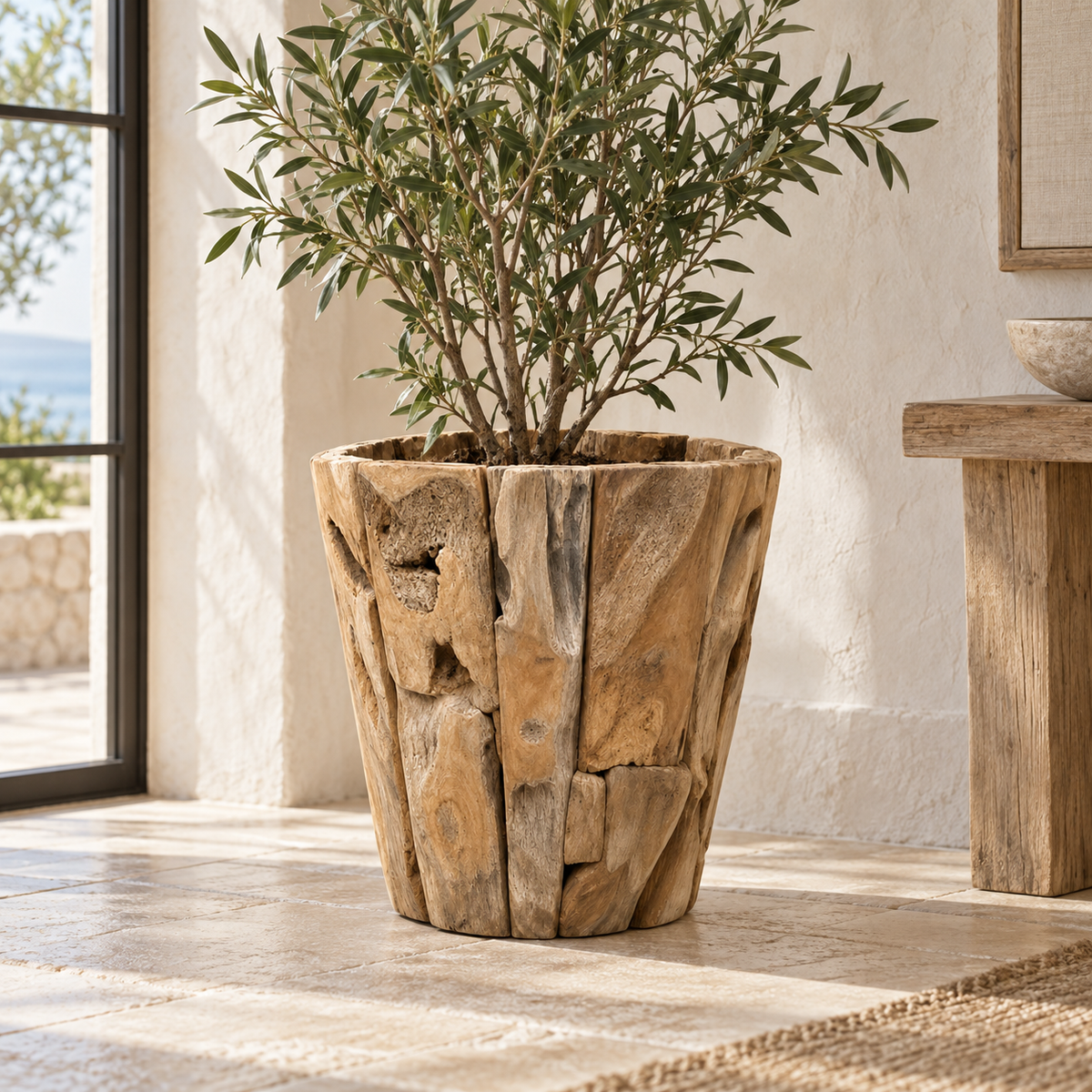Round Teak Root Planter in a warm coastal interior