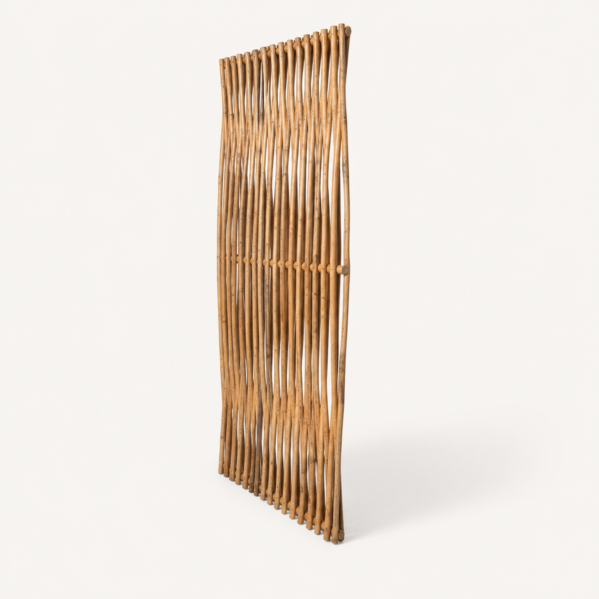 Rustic natural rattan roof panel, right angle on an off-white background