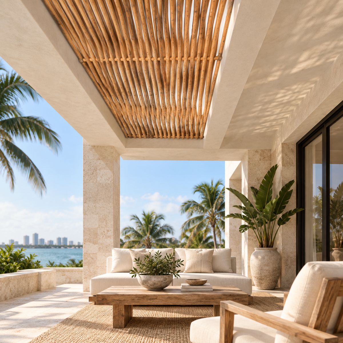 Rustic natural rattan roof panel installed in a covered Miami terrace