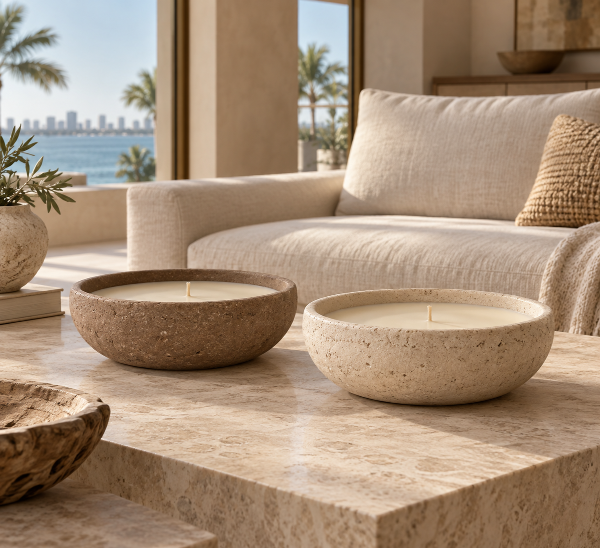 Sandi Bowl Scented Candles styled on a limestone coffee table in a refined Miami living room