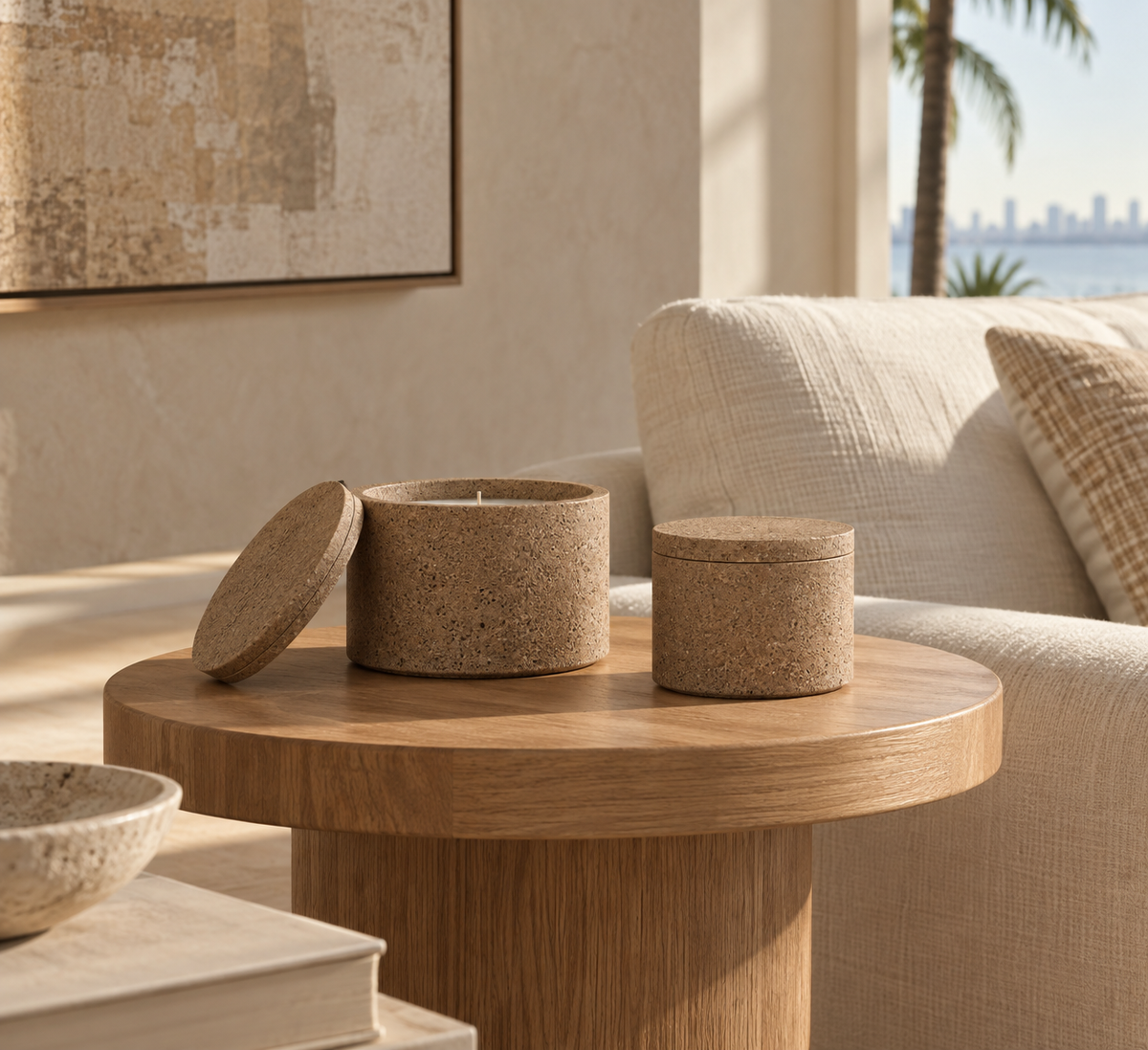 Sandi Mocha Candles with Lid styled beside a cream sofa in a refined Miami living room