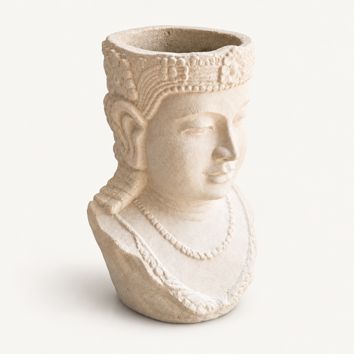 Sandstone Buddha Head Planter side three-quarter view