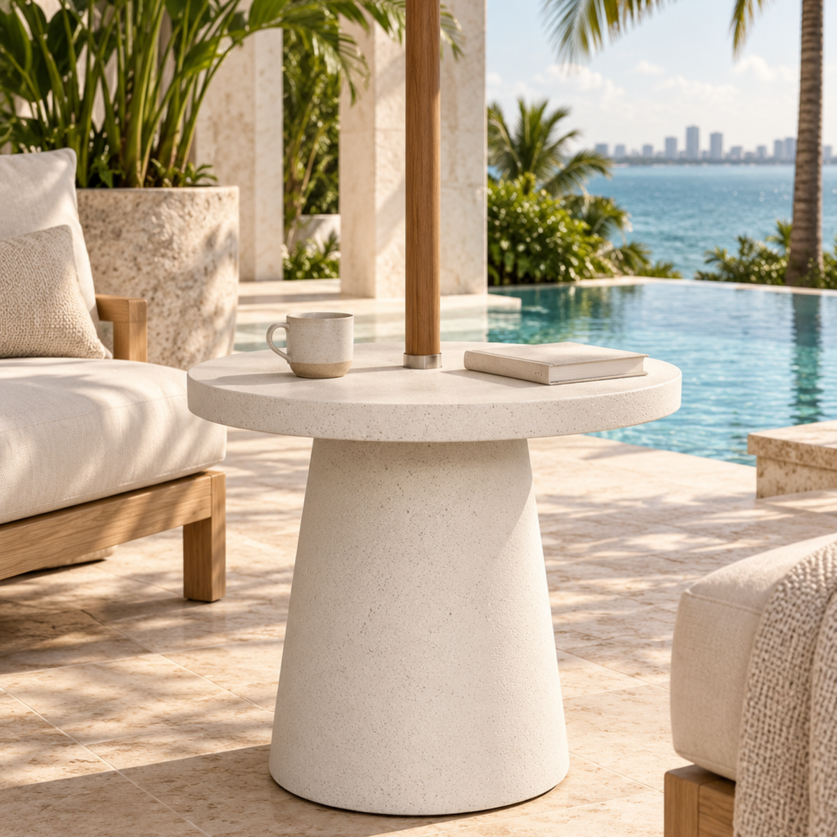 Fiber cement umbrella table base on a Miami pool terrace