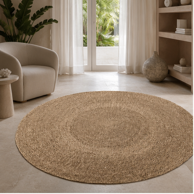 Seagrass Round Rug in a refined Miami reading room