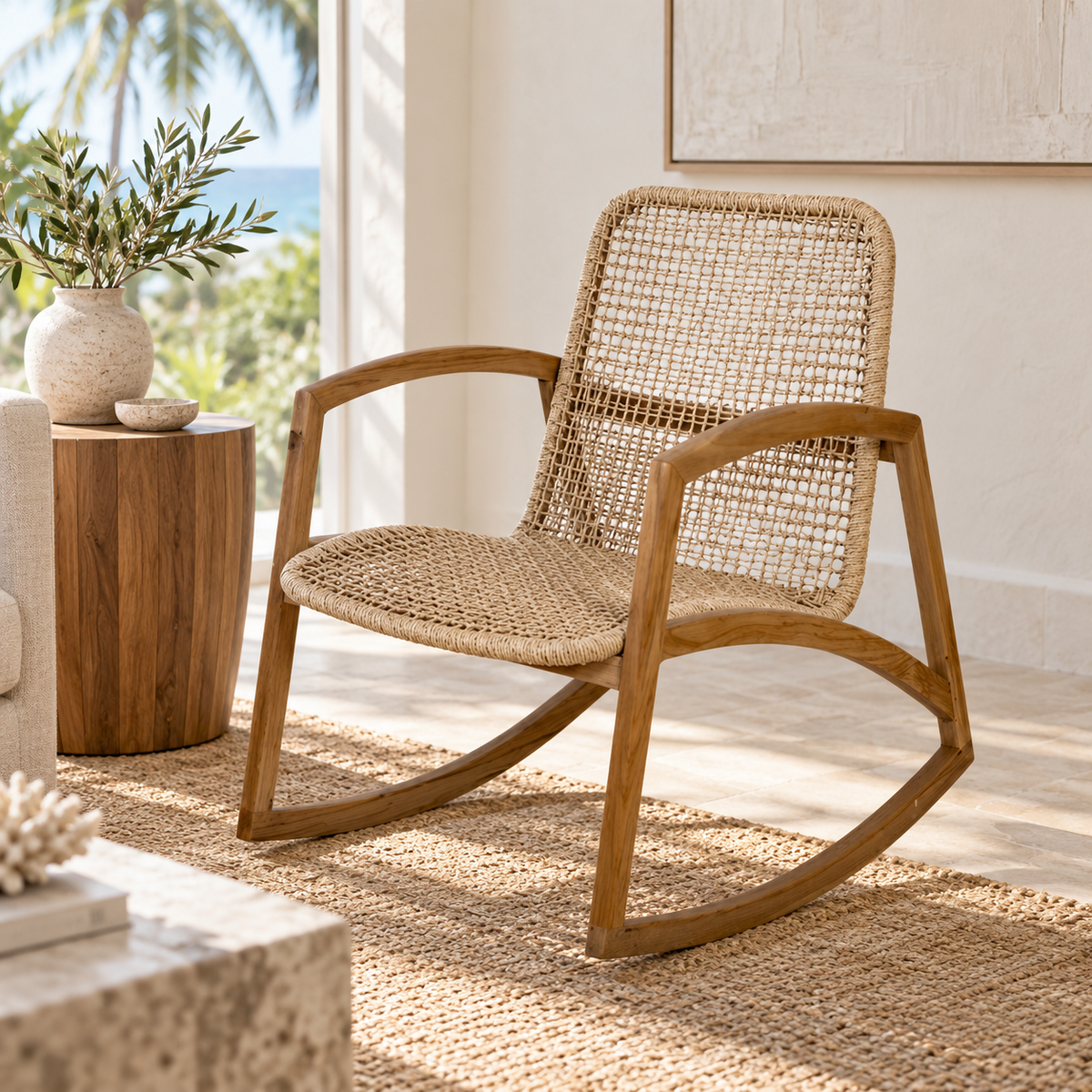 Serena Woven Rocking Chair in a warm coastal living room