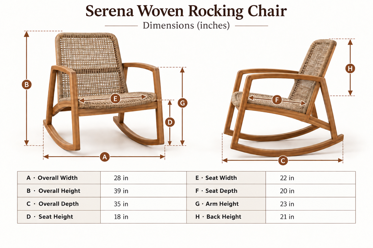 Serena Woven Rocking Chair dimensions: 28 inches wide, 35 inches deep, and 39 inches high